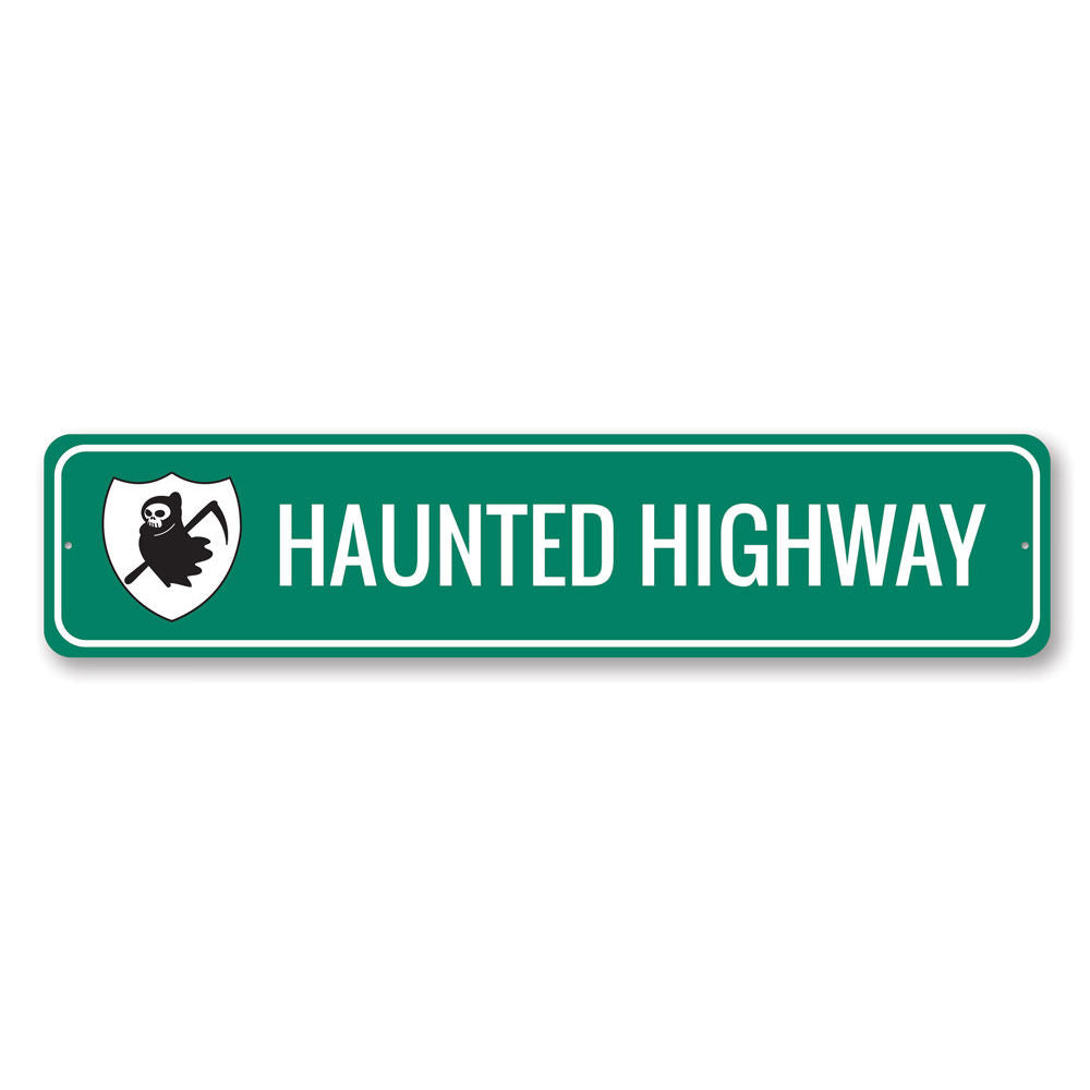 A spooky Haunted Highway Sign made of durable aluminum, featuring eerie graphics perfect for Halloween decor.