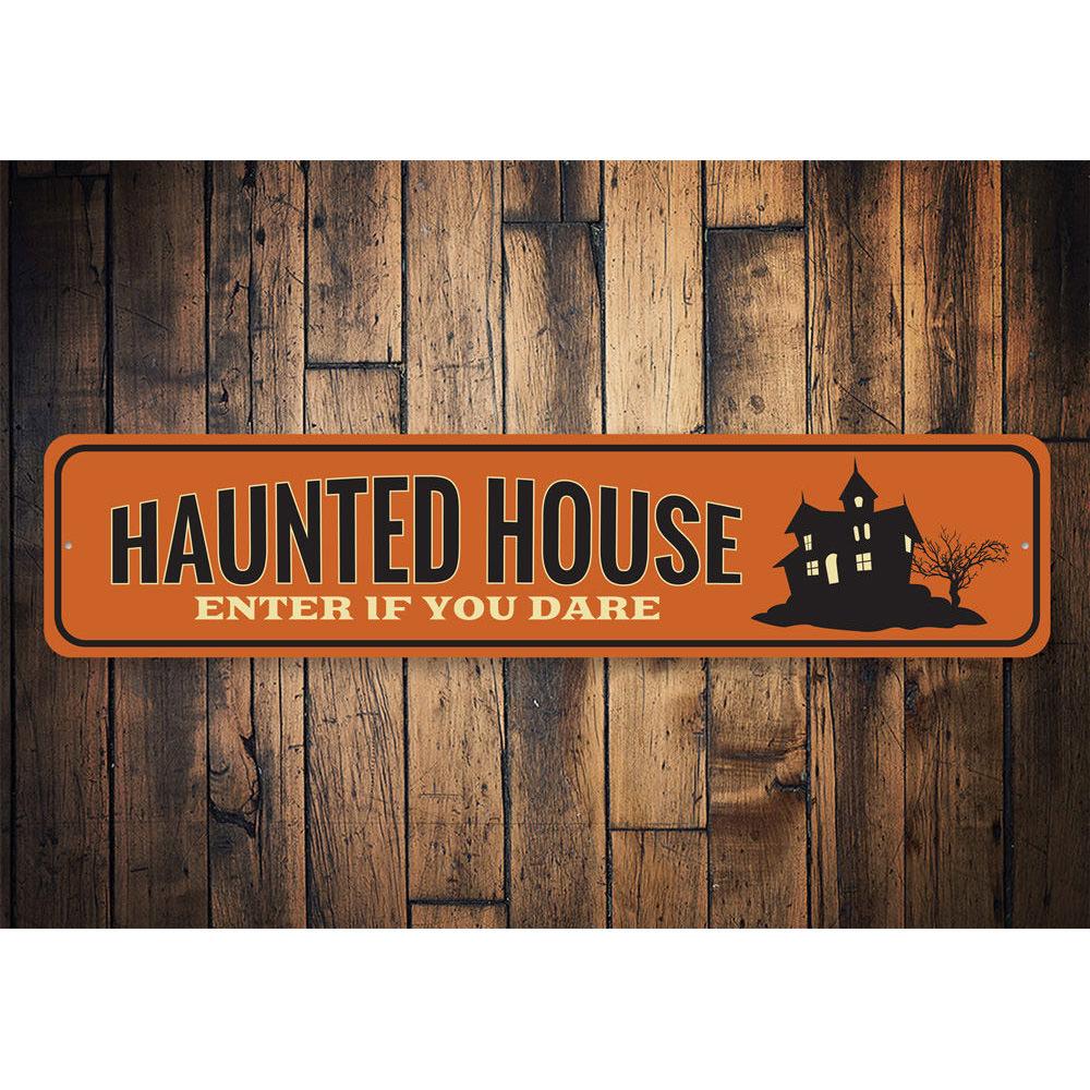 A spooky Haunted House Entrance Sign made of high-quality aluminum, featuring eerie graphics perfect for Halloween decorations.