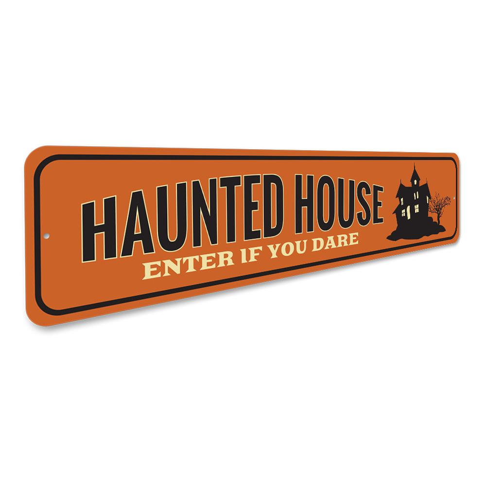 A spooky Haunted House Entrance Sign made of high-quality aluminum, featuring eerie graphics perfect for Halloween decorations.