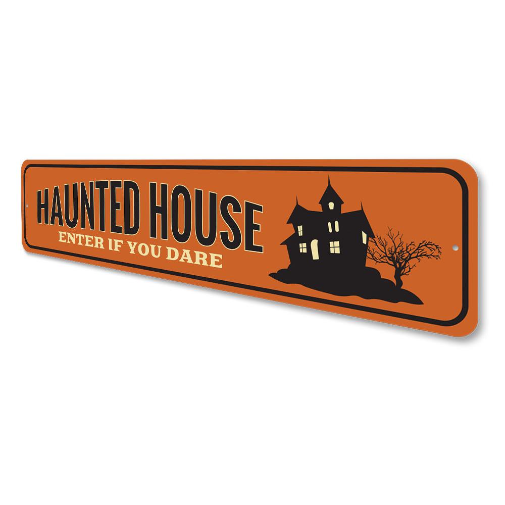 A spooky Haunted House Entrance Sign made of high-quality aluminum, featuring eerie graphics perfect for Halloween decorations.