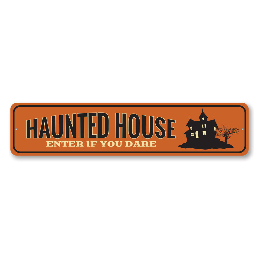 A spooky Haunted House Entrance Sign made of high-quality aluminum, featuring eerie graphics perfect for Halloween decorations.