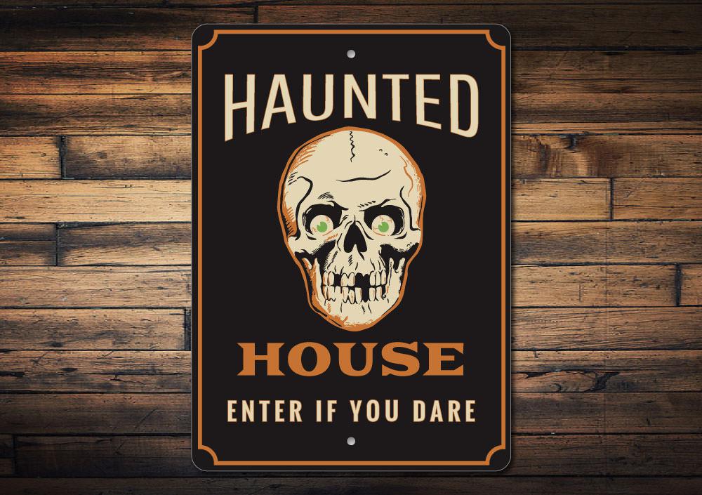 Haunted House Skull Sign made of aluminum, featuring a spooky skull design perfect for Halloween decorations.