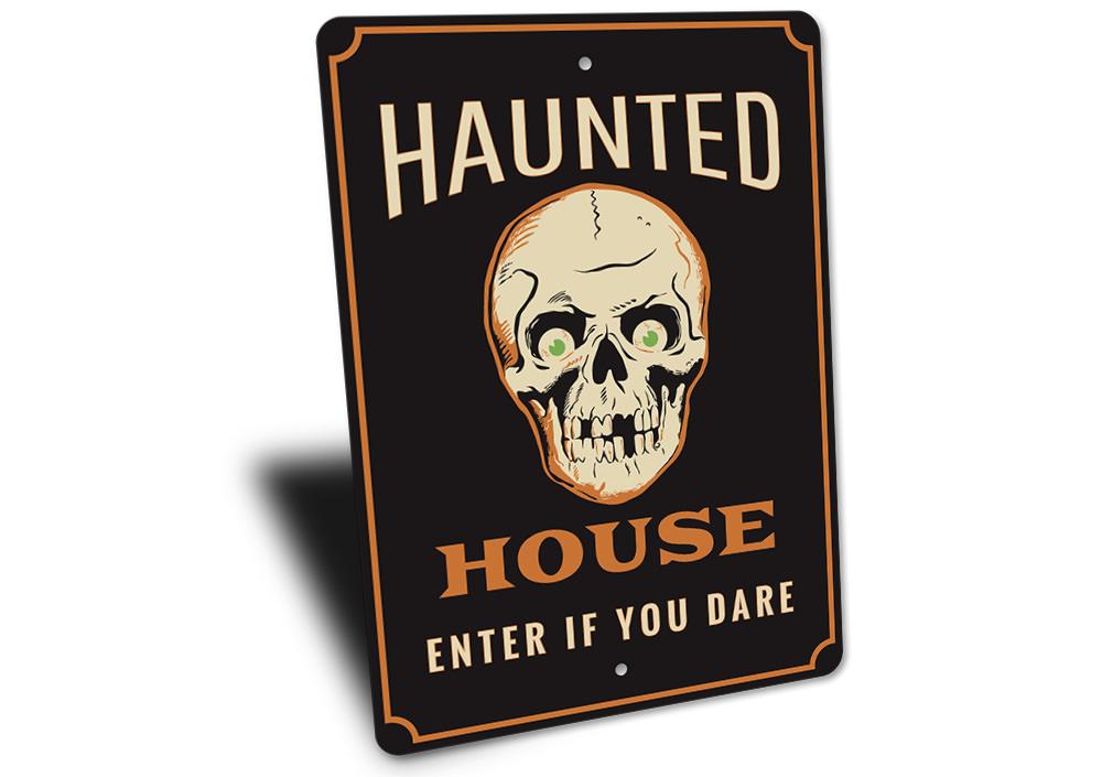 Haunted House Skull Sign made of aluminum, featuring a spooky skull design perfect for Halloween decorations.