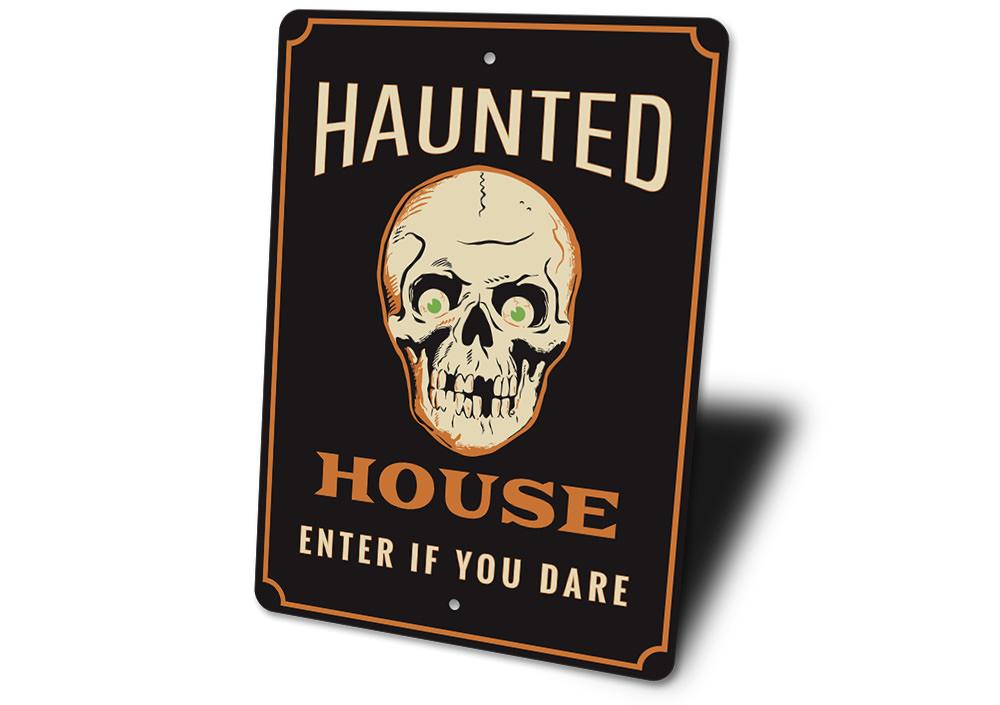 Haunted House Skull Sign made of aluminum, featuring a spooky skull design perfect for Halloween decorations.