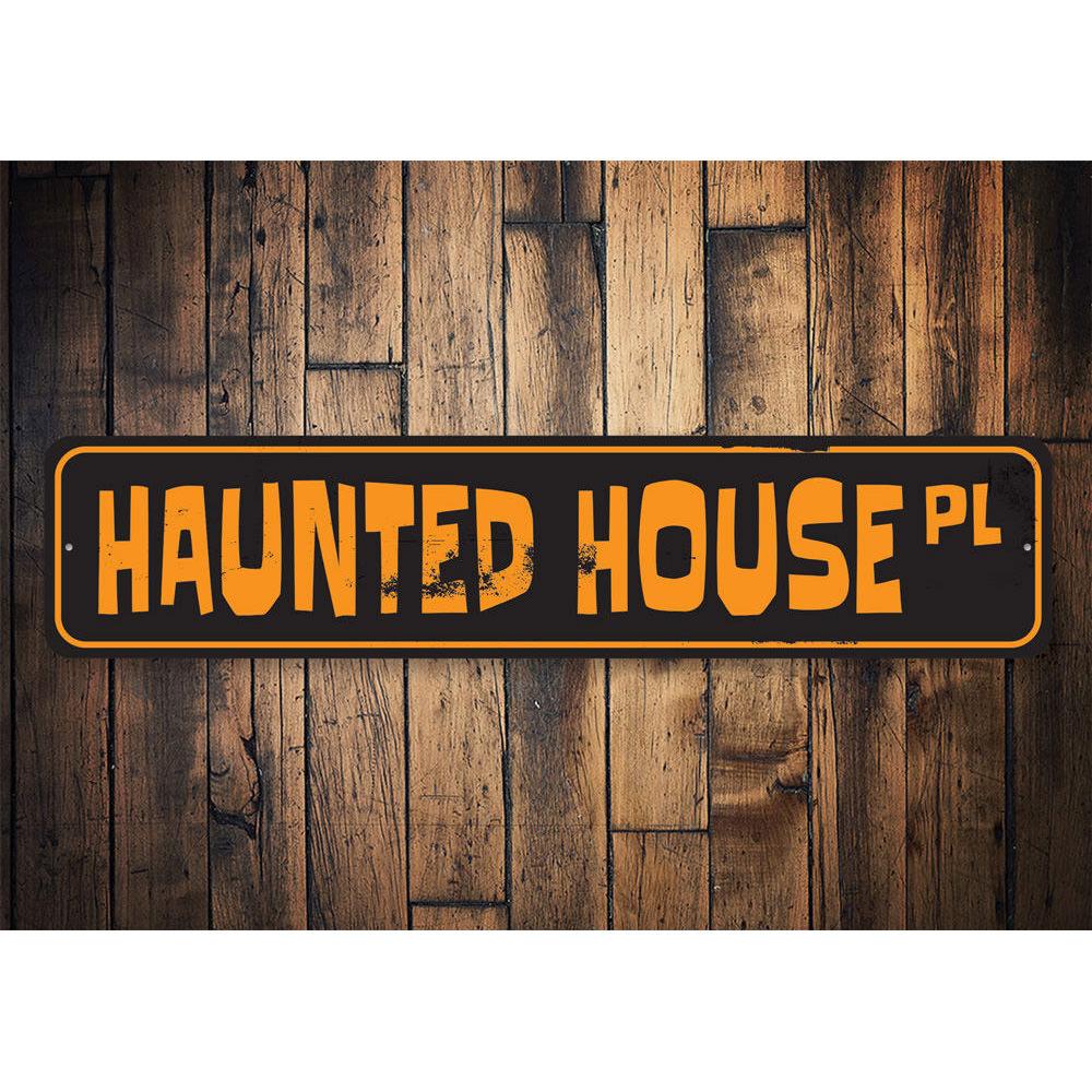 Haunted House Street Sign made of durable aluminum, featuring spooky design elements perfect for Halloween decorations.