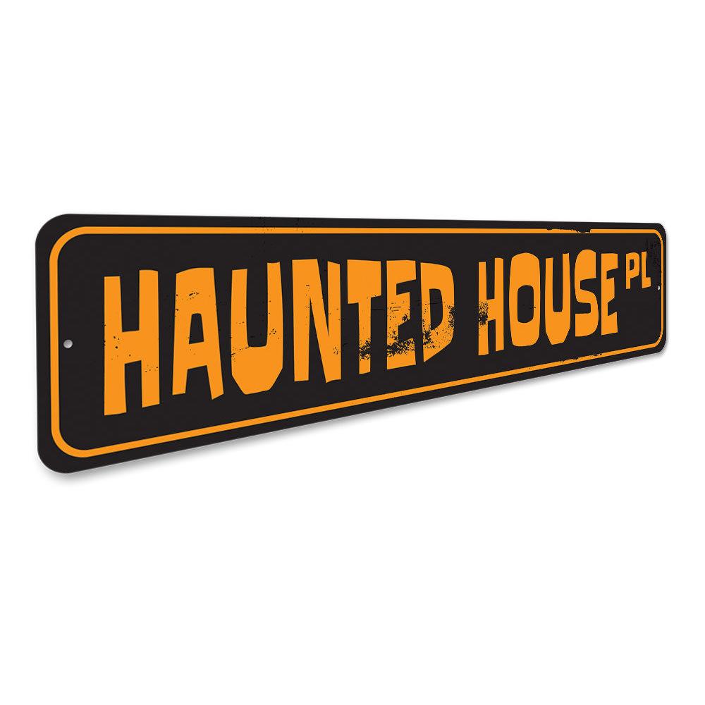 Haunted House Street Sign made of durable aluminum, featuring spooky design elements perfect for Halloween decorations.