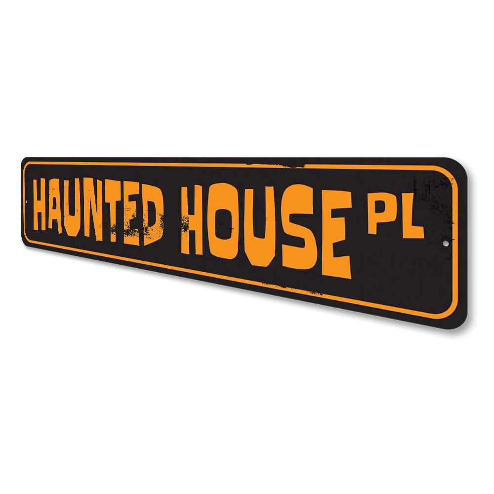 Haunted House Street Sign made of durable aluminum, featuring spooky design elements perfect for Halloween decorations.