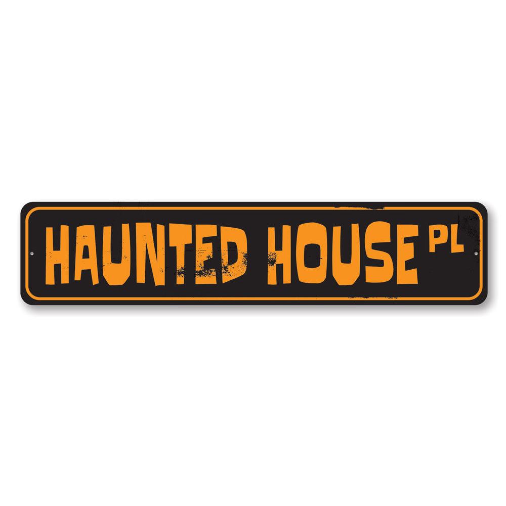 Haunted House Street Sign made of durable aluminum, featuring spooky design elements perfect for Halloween decorations.