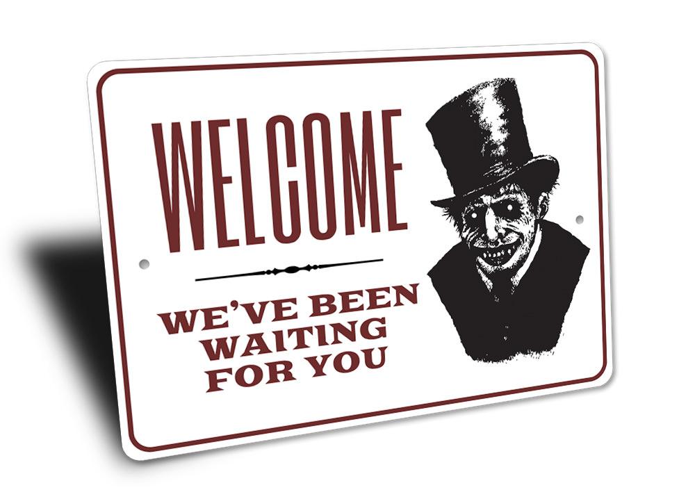 Haunted House Welcome Sign featuring spooky design, made of durable aluminum, perfect for Halloween decorations.