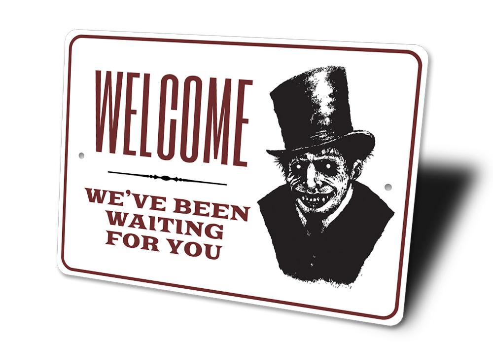 Haunted House Welcome Sign featuring spooky design, made of durable aluminum, perfect for Halloween decorations.