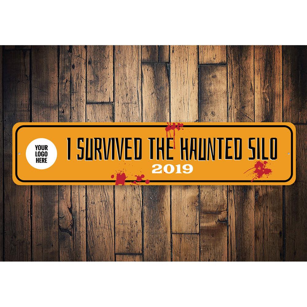 Haunted Silo Sign featuring spooky design, made of durable aluminum, perfect for Halloween decor.