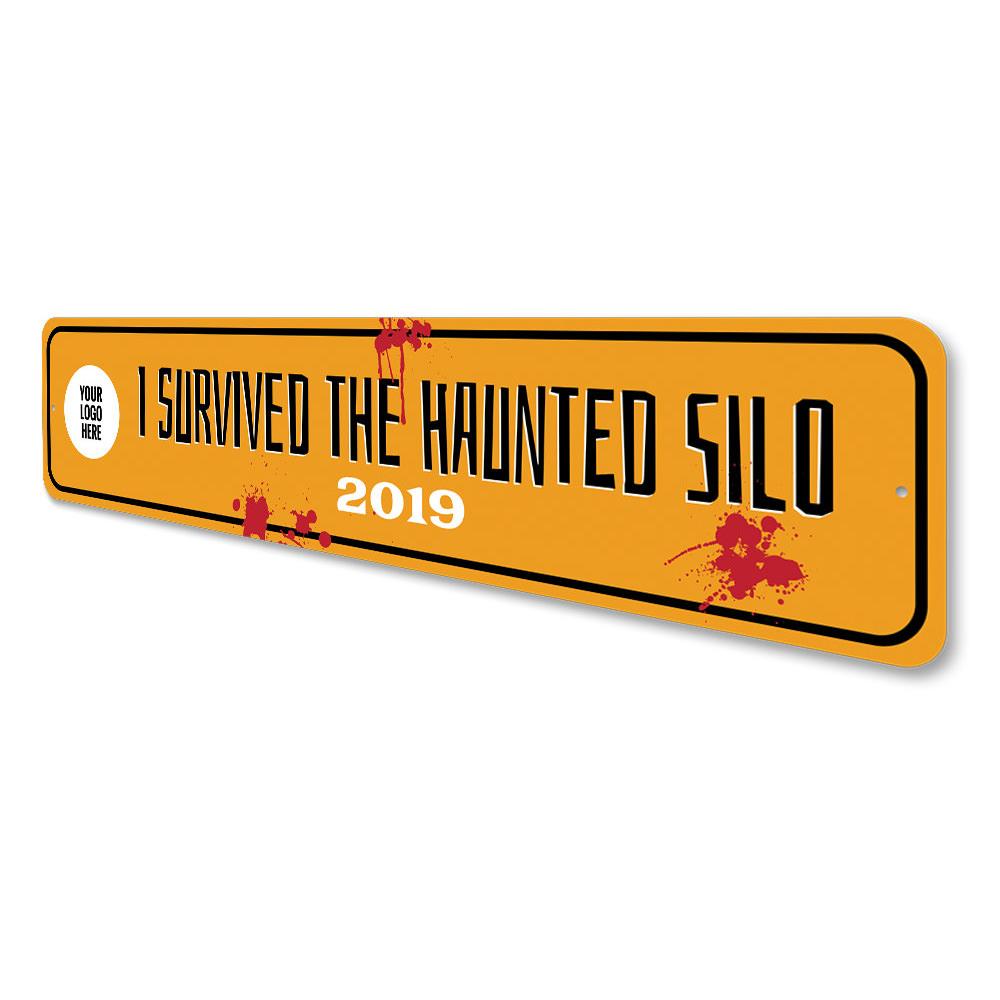 Haunted Silo Sign featuring spooky design, made of durable aluminum, perfect for Halloween decor.