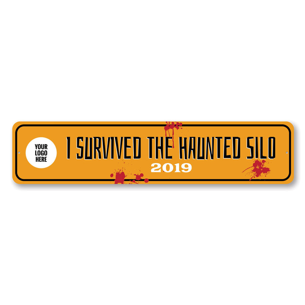 Haunted Silo Sign featuring spooky design, made of durable aluminum, perfect for Halloween decor.