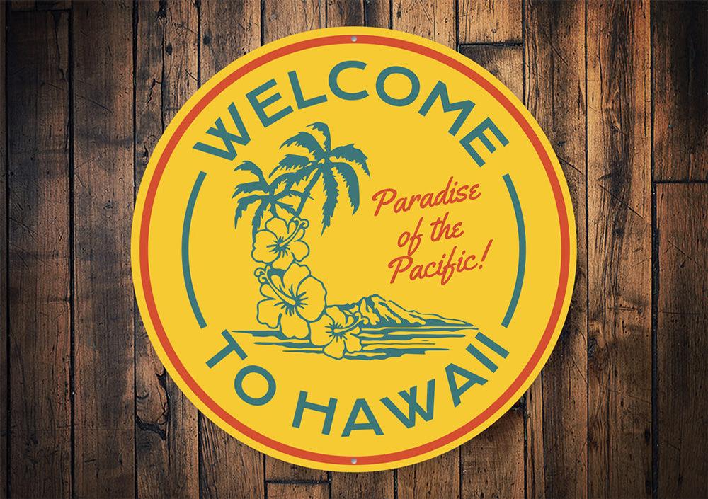 A vibrant Hawaii Welcome Sign made of aluminum, featuring tropical colors and a beach-themed design, perfect for coastal decor.