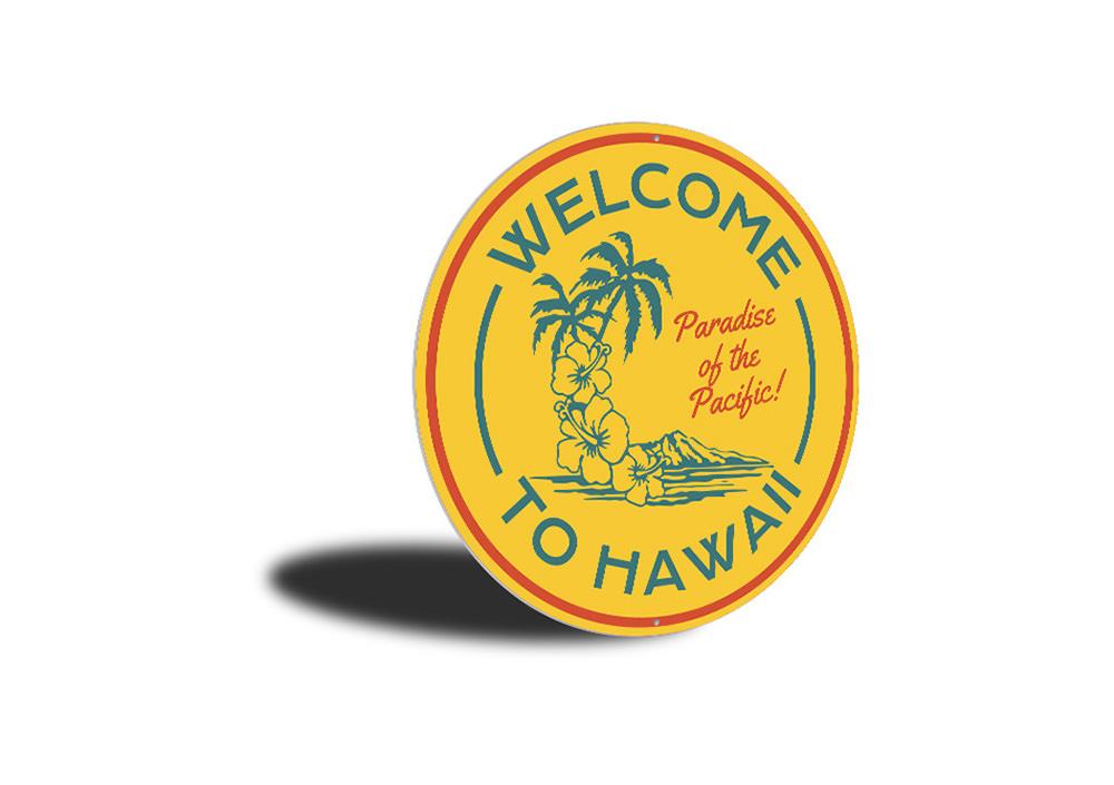 A vibrant Hawaii Welcome Sign made of aluminum, featuring tropical colors and a beach-themed design, perfect for coastal decor.