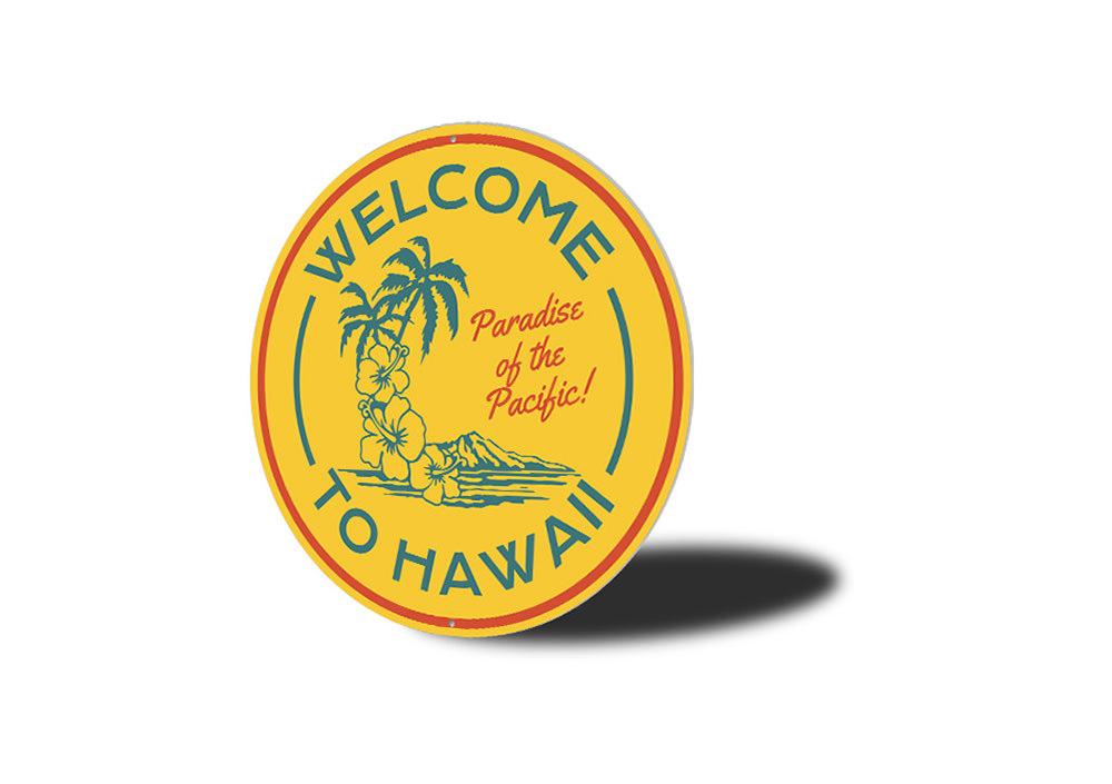 A vibrant Hawaii Welcome Sign made of aluminum, featuring tropical colors and a beach-themed design, perfect for coastal decor.