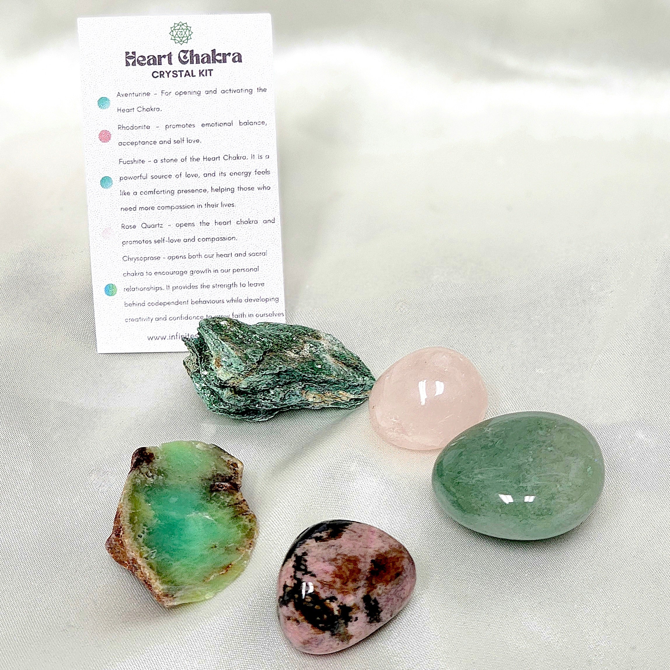 Heart Chakra Crystal Kit featuring Green Aventurine, Rhodonite, Fuchsite, Rose Quartz, and Chrysoprase, arranged beautifully for spiritual healing.