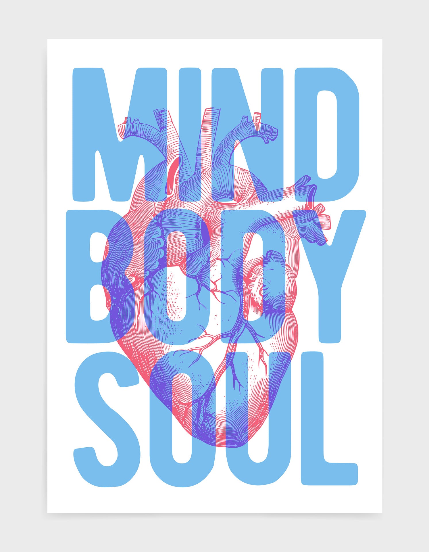 Heart Mind Body & Soul typography print with vintage heart illustration, perfect for home decor.