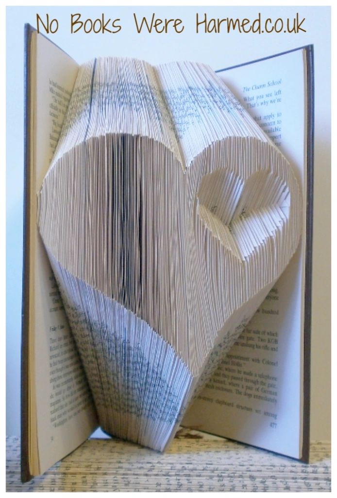 Handcrafted Heart within a Heart art piece made from vintage book pages, showcasing intricate folds and unique design.