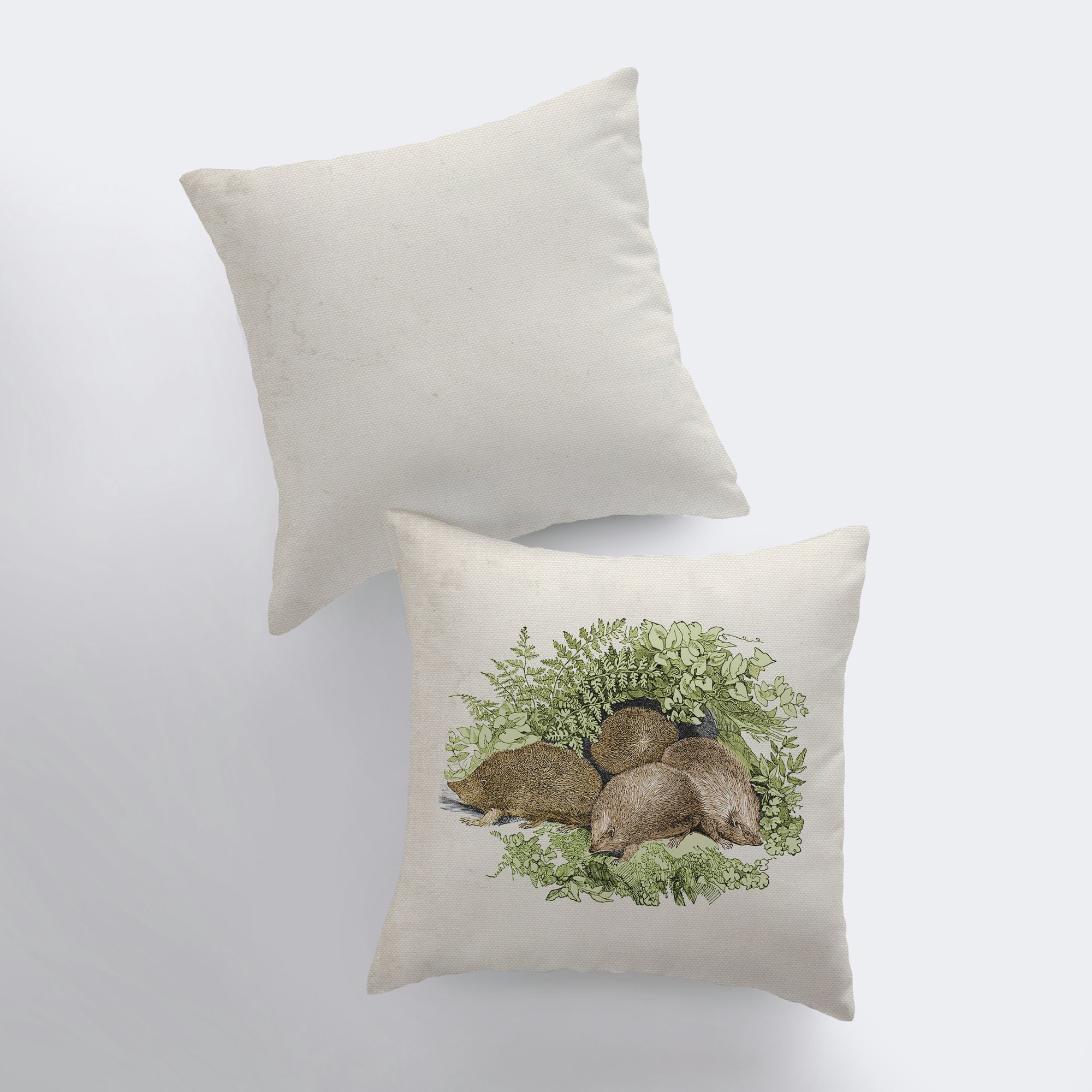 Handmade hedgehog pillow cover featuring a vintage hedgehog family design, beige back, and concealed zipper.