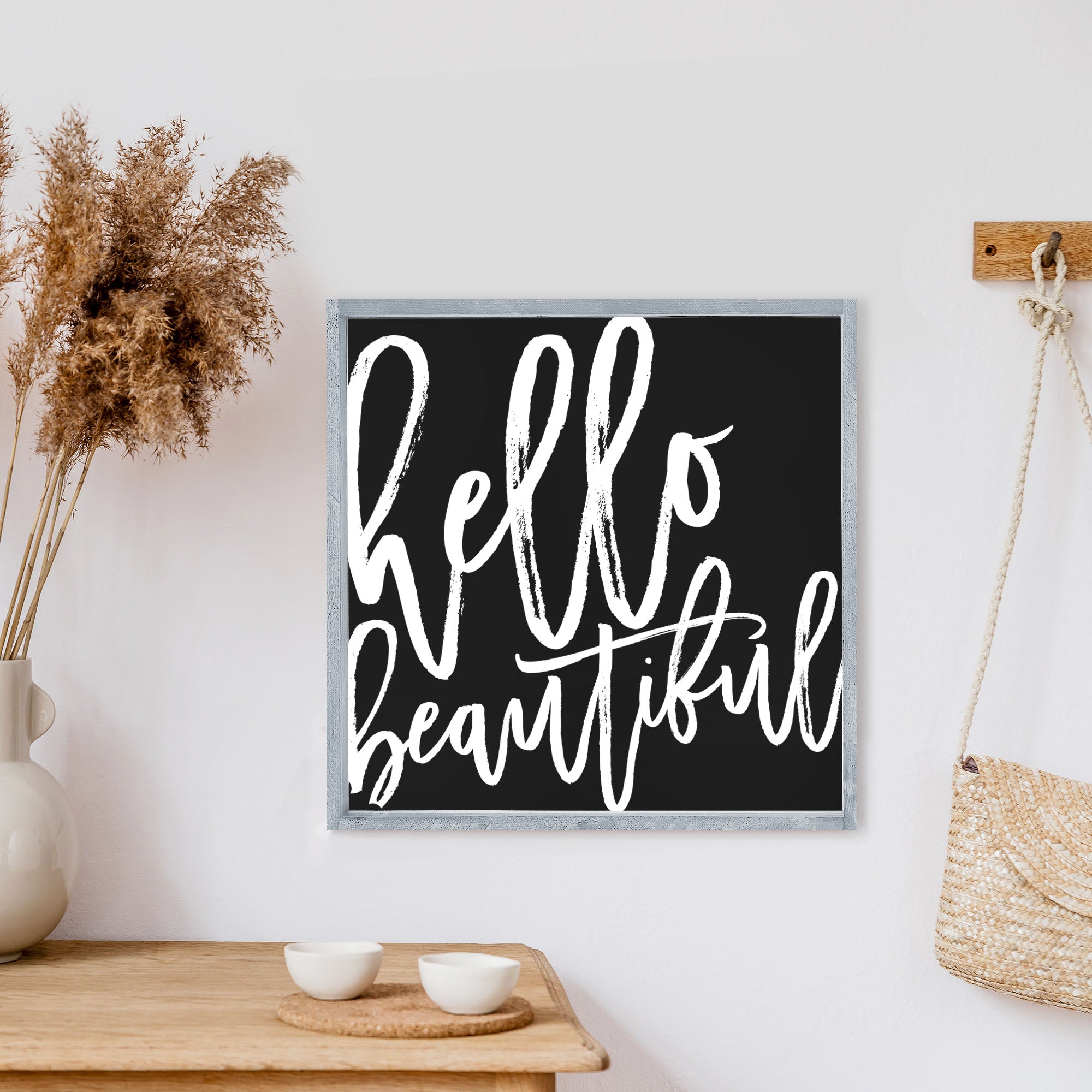 Hello Beautiful Wood Sign with elegant script on a white background, framed in stained pine wood, perfect for home decor.