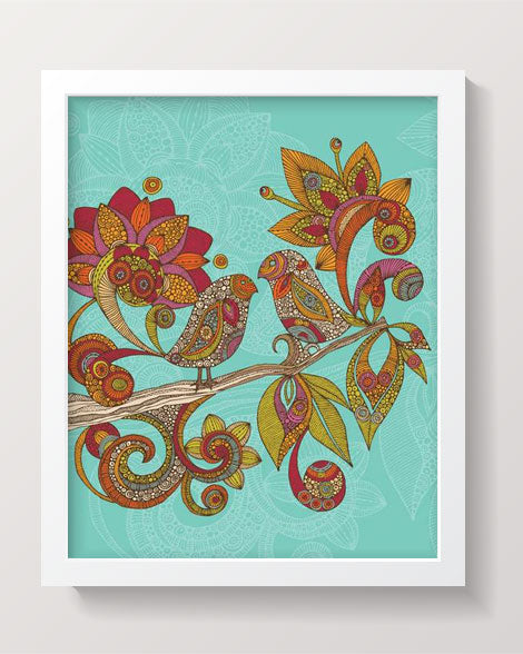 A vibrant print of original artwork featuring colorful birds on an 8x10 photographic paper, ready to frame.