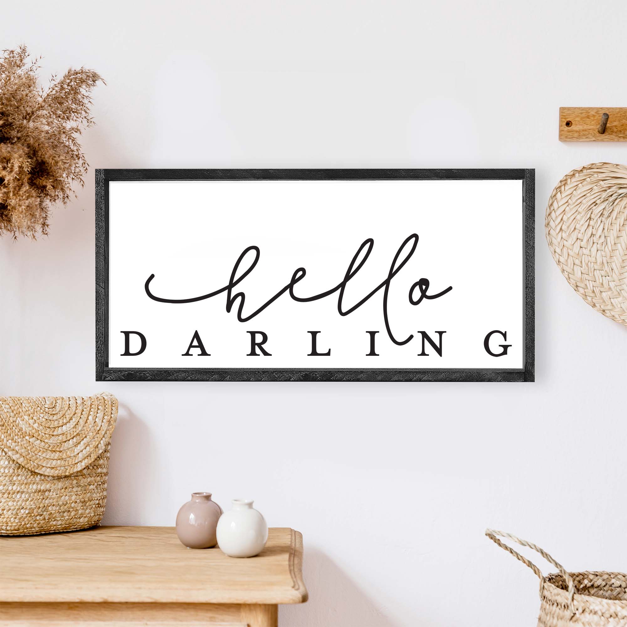 Hello Darling Wood Sign featuring elegant script on a white background, framed in stained pine wood, perfect for home decor.