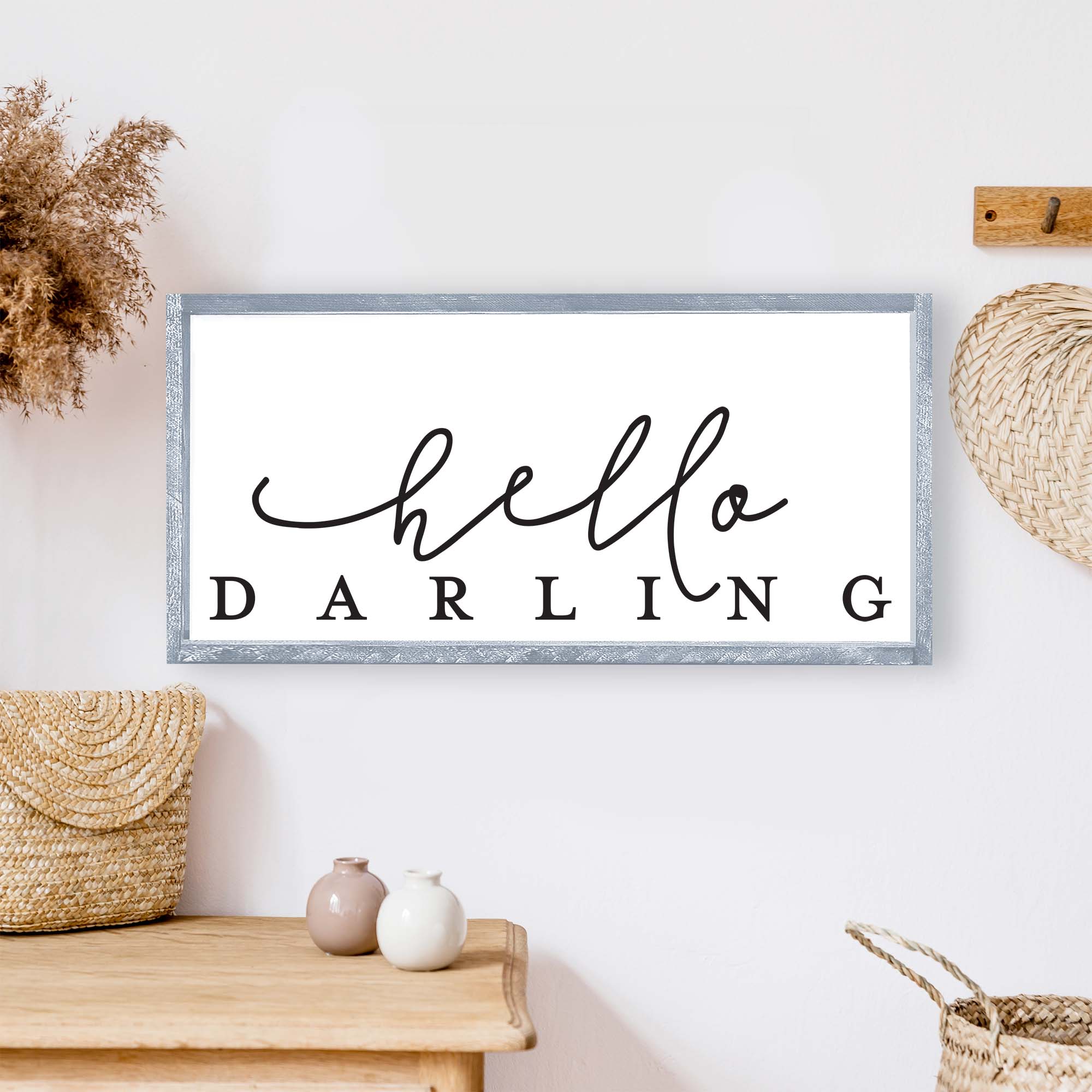 Hello Darling Wood Sign featuring elegant script on a white background, framed in stained pine wood, perfect for home decor.