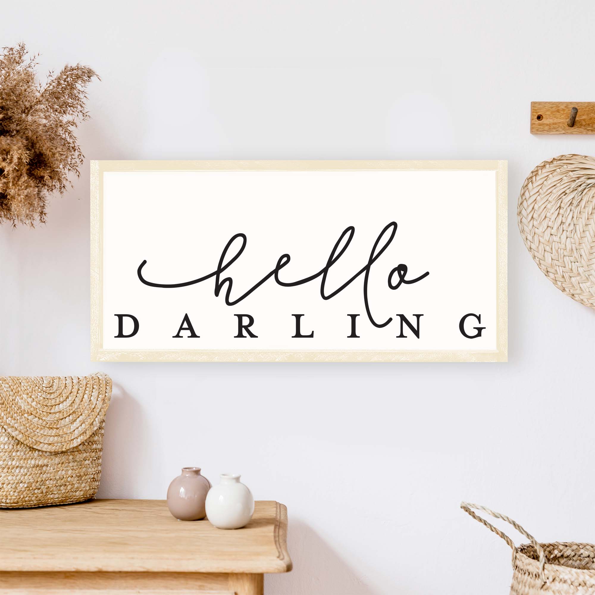 Hello Darling Wood Sign featuring elegant script on a white background, framed in stained pine wood, perfect for home decor.