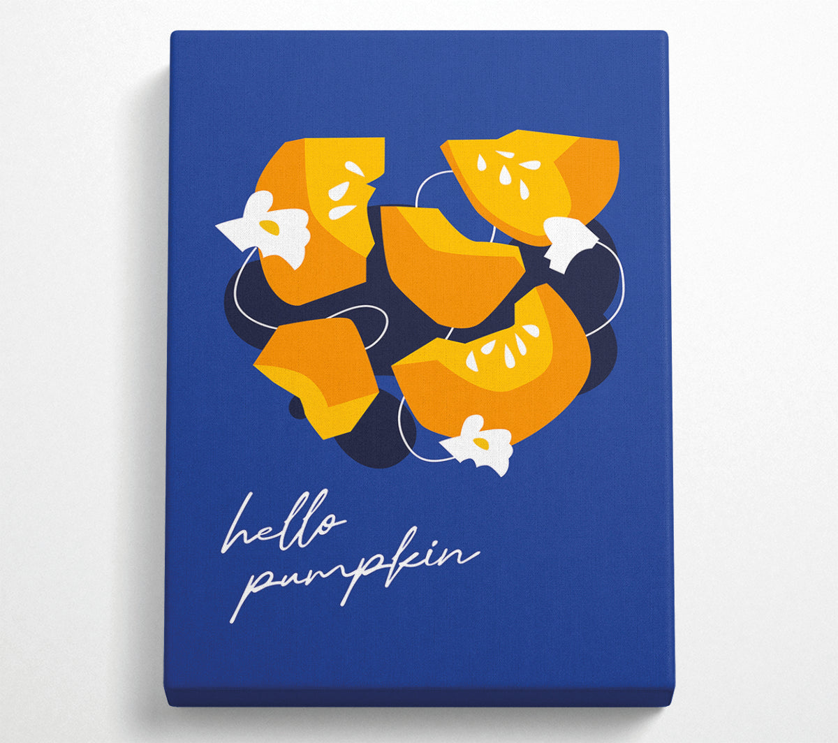 Hello Pumpkin wall art printed on coated polyester canvas, mounted on a sturdy 44mm box frame, ready to hang.