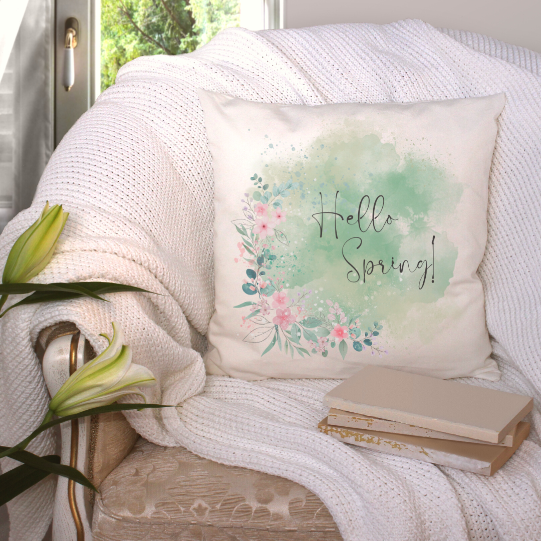 Hello Spring Art Pillow Cover featuring floral designs on soft linen fabric, perfect for farmhouse decor.