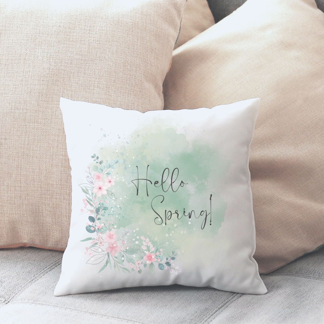 Hello Spring Art Pillow Cover featuring floral designs on soft linen fabric, perfect for farmhouse decor.