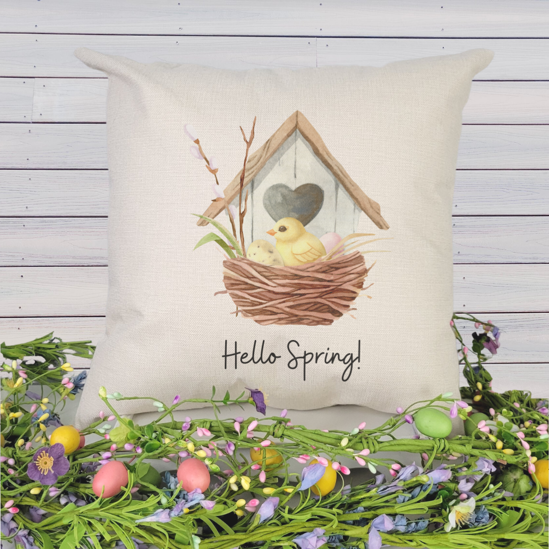 Hello Spring Birdhouse Pillow Cover featuring original designs in soft linen fabric, perfect for spring decor.