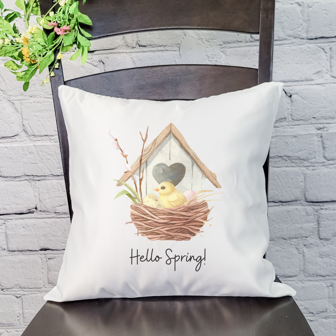 Hello Spring Birdhouse Pillow Cover featuring original designs in soft linen fabric, perfect for spring decor.