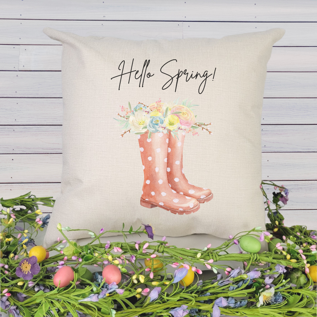 Hello Spring Boots Pillow Cover featuring floral designs on soft linen fabric, perfect for Spring decor.