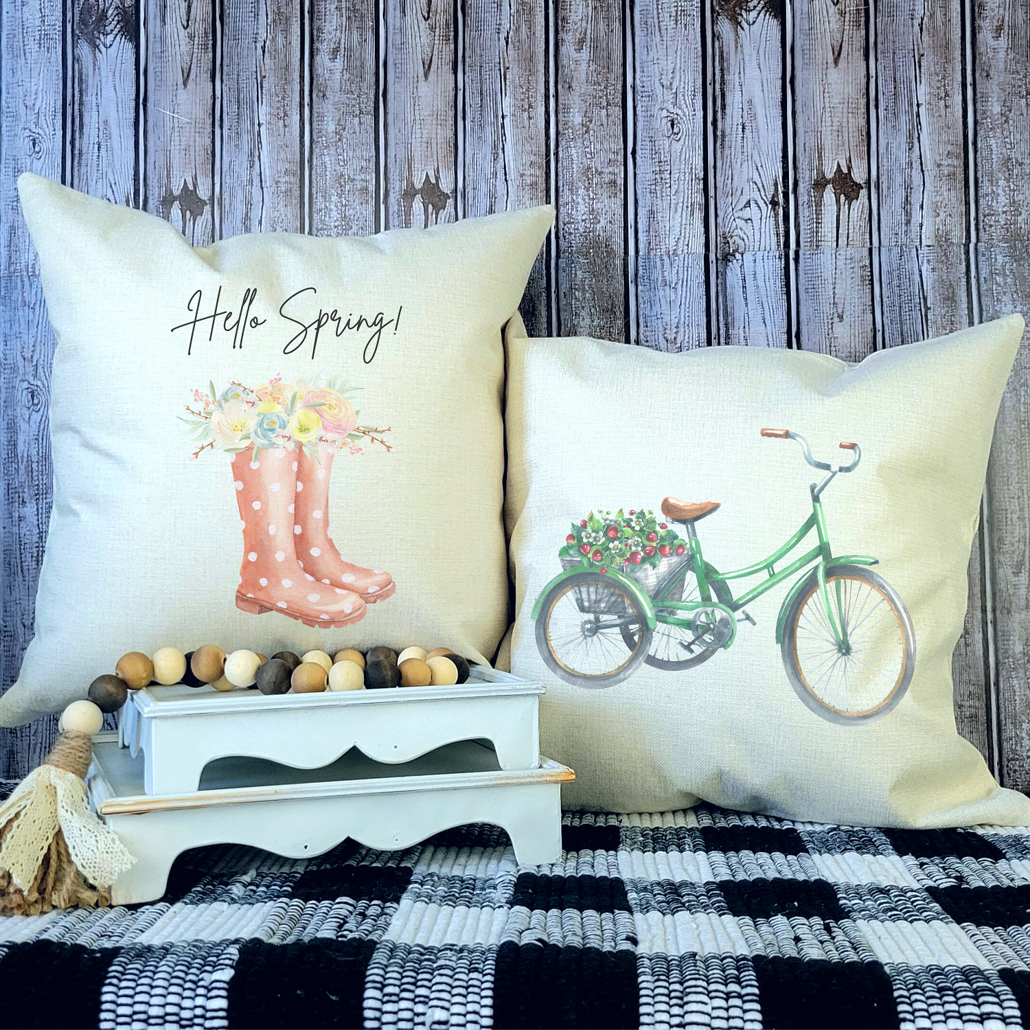 Hello Spring Boots Pillow Cover featuring floral designs on soft linen fabric, perfect for Spring decor.