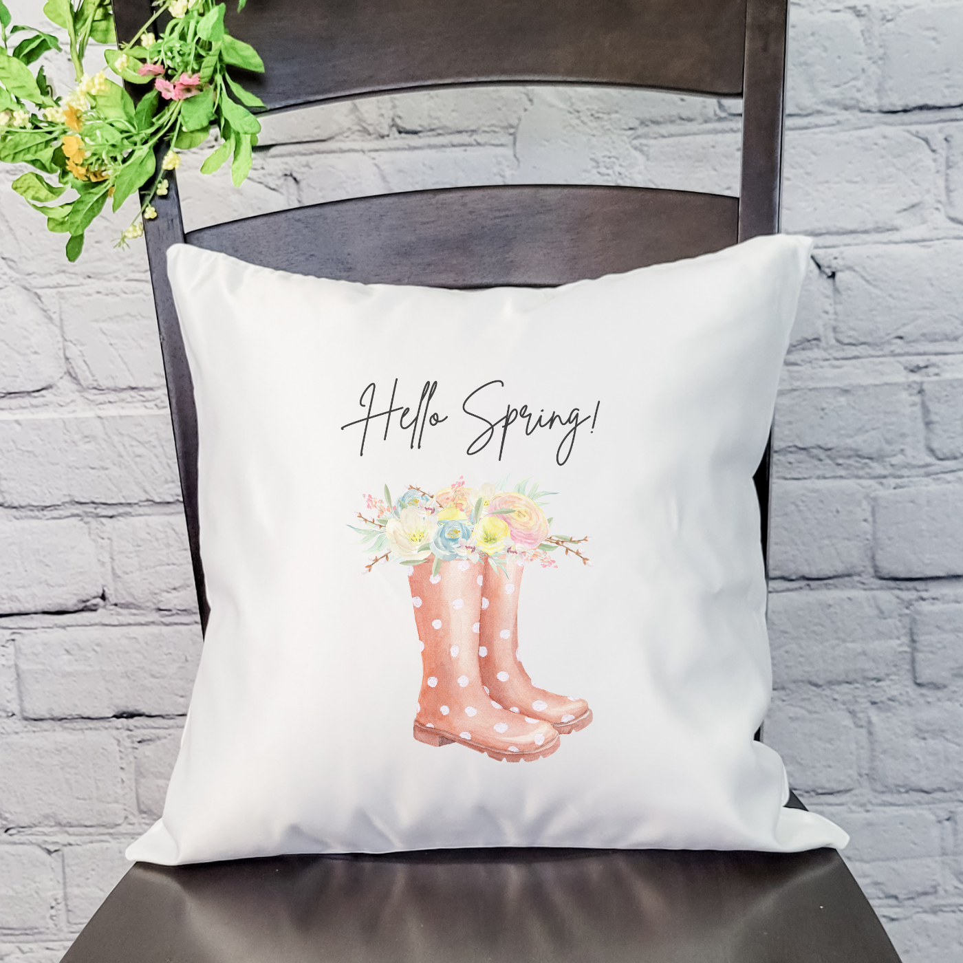 Hello Spring Boots Pillow Cover featuring floral designs on soft linen fabric, perfect for Spring decor.