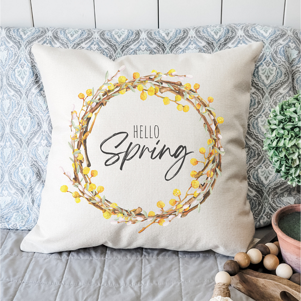 Hello Spring Wreath Pillow Cover featuring floral designs on a soft linen fabric, perfect for farmhouse decor.