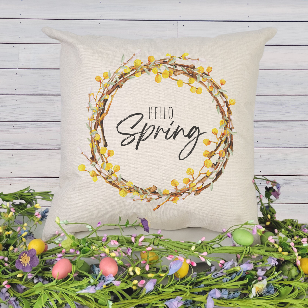 Hello Spring Wreath Pillow Cover featuring floral designs on a soft linen fabric, perfect for farmhouse decor.