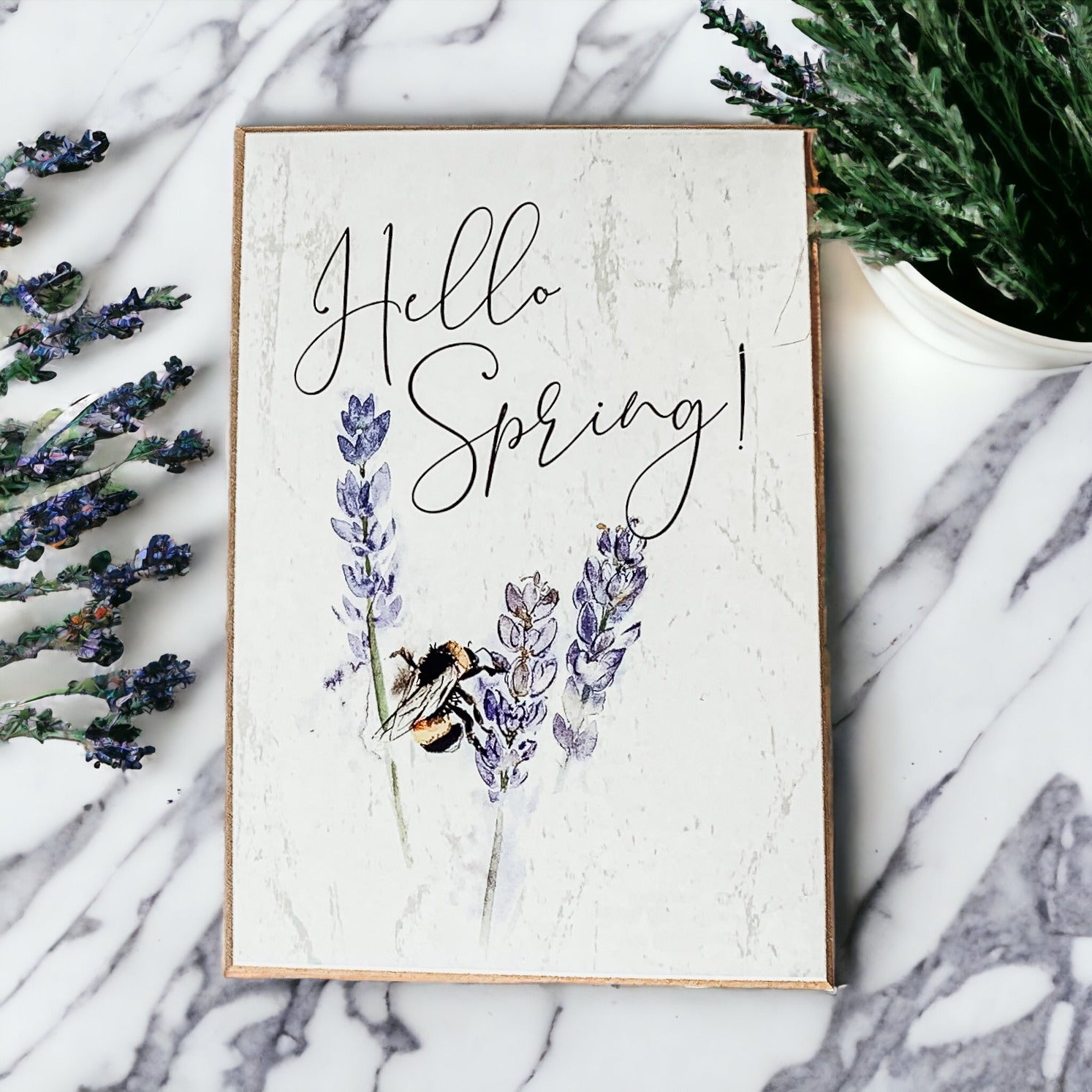 Hello Spring wooden block sign featuring lavender flowers and a bee, perfect for spring decor.