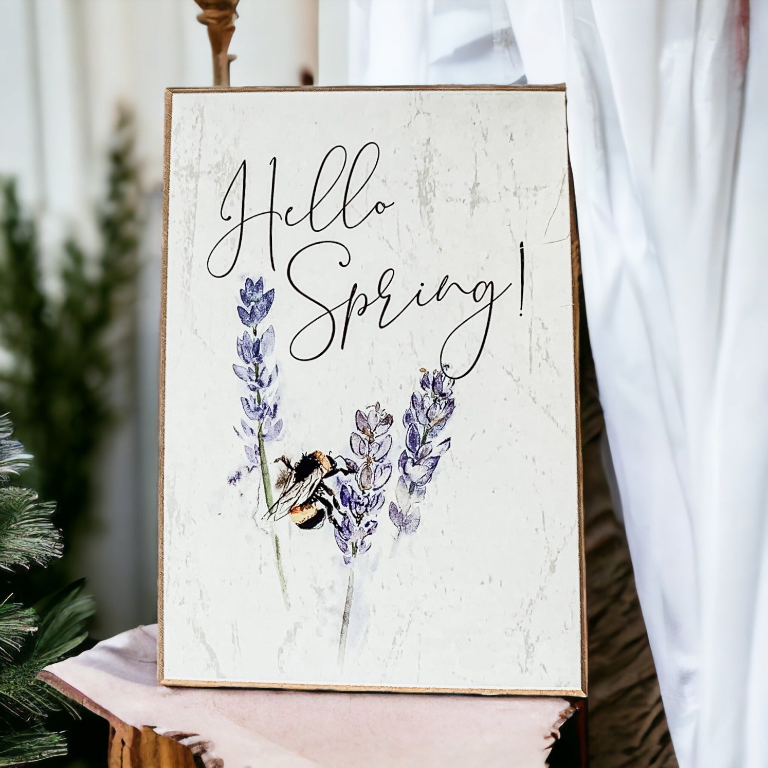 Hello Spring wooden block sign featuring lavender flowers and a bee, perfect for spring decor.