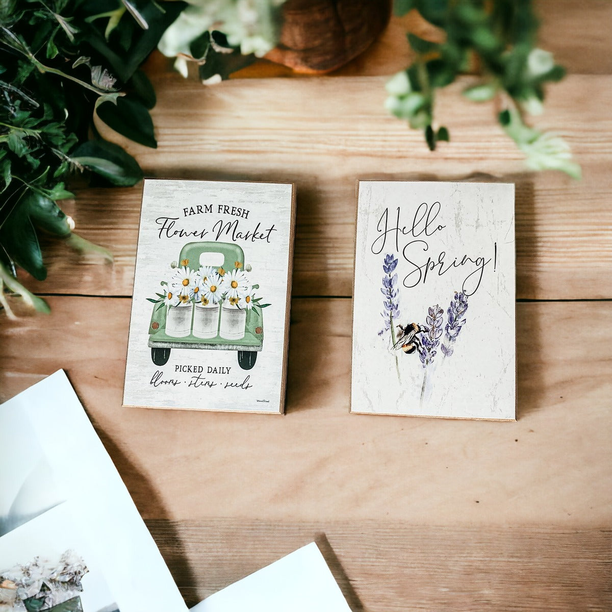 Hello Spring wooden block sign featuring lavender flowers and a bee, perfect for spring decor.