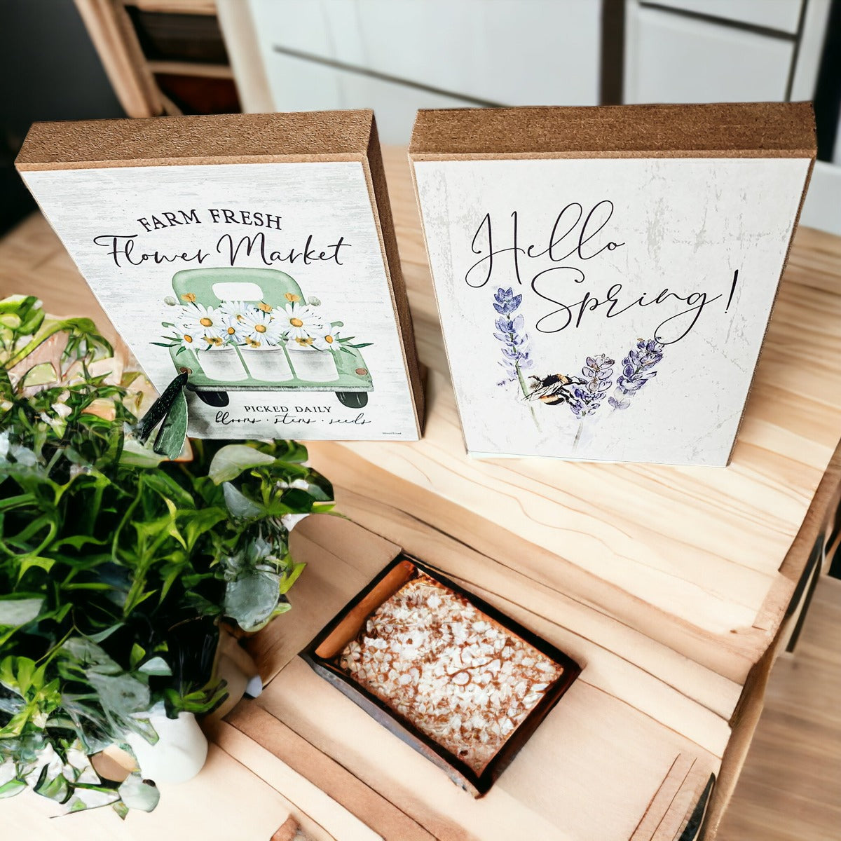 Hello Spring wooden block sign featuring lavender flowers and a bee, perfect for spring decor.