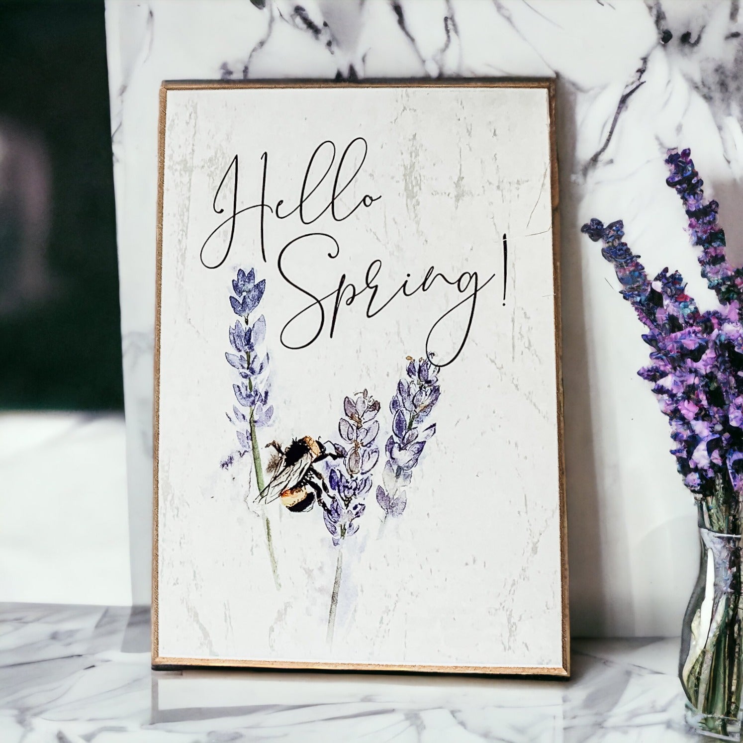 Hello Spring wooden block sign featuring lavender flowers and a bee, perfect for spring decor.