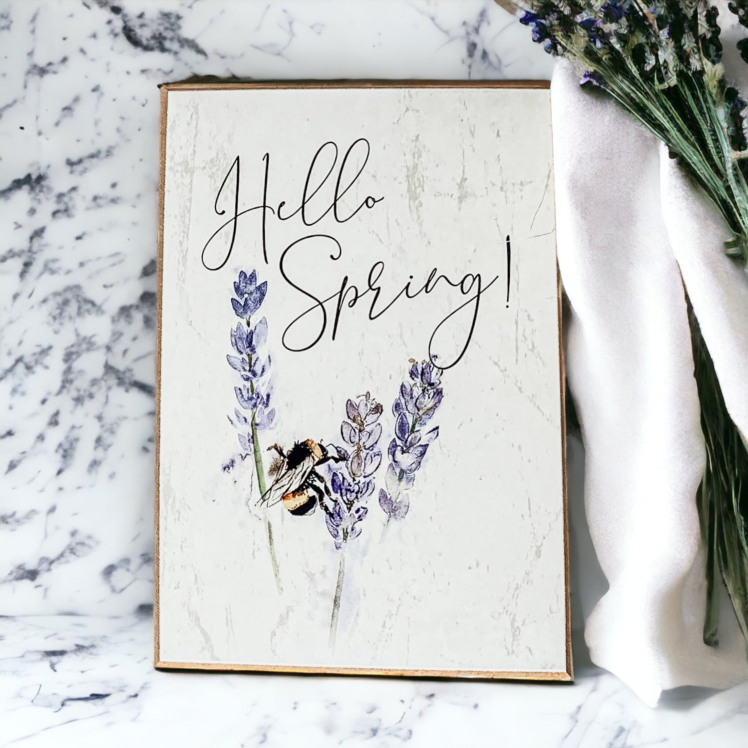 Hello Spring wooden block sign featuring lavender flowers and a bee, perfect for spring decor.