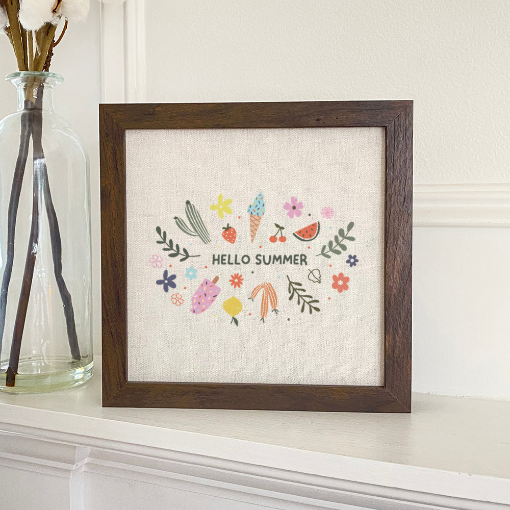 Hello Summer Framed Sign with a stylized wood frame and linen-look background, perfect for home decor.