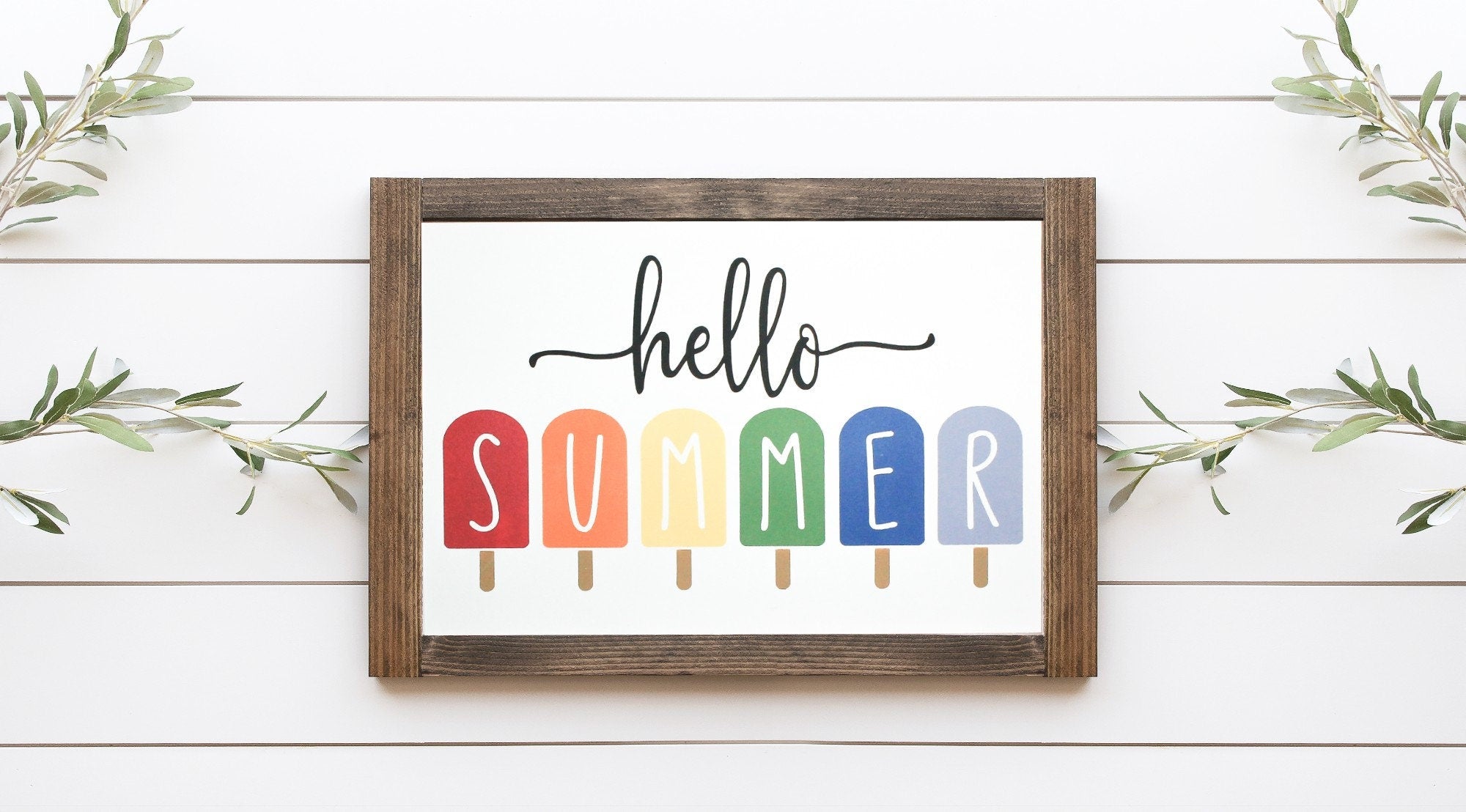 Hello Summer Wood Sign made from 100% wood, featuring a matte white background and cheerful lettering, perfect for summer decor.