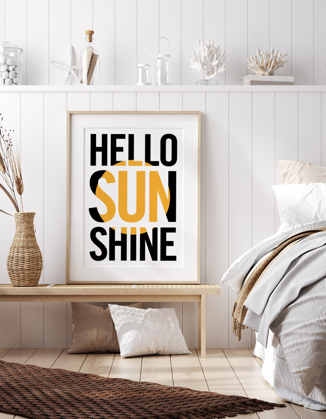 A vibrant 'Hello Sunshine' art print featuring bright colors and an uplifting message, perfect for bedroom decor.