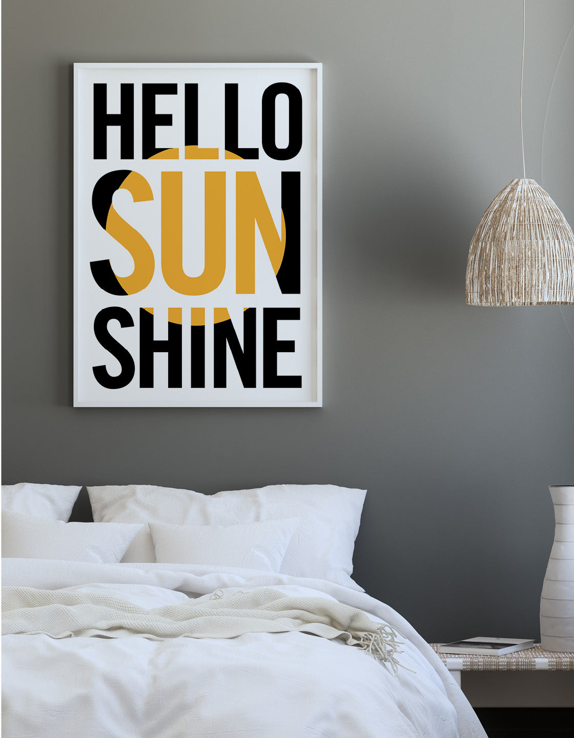 A vibrant 'Hello Sunshine' art print featuring bright colors and an uplifting message, perfect for bedroom decor.