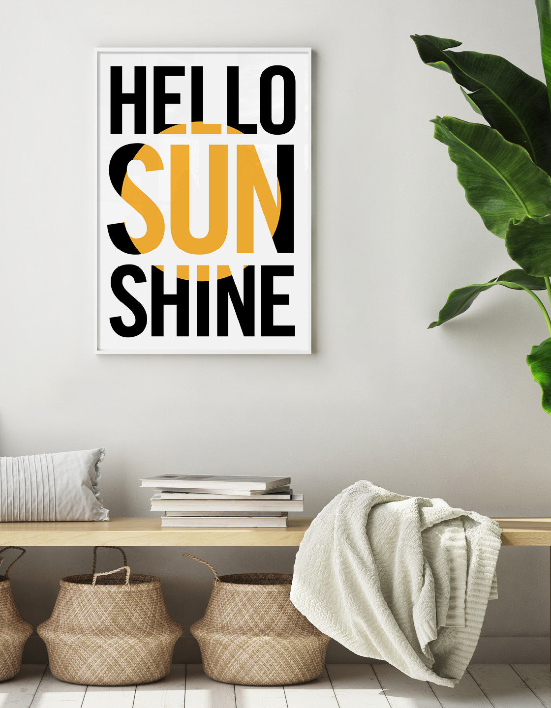 A vibrant 'Hello Sunshine' art print featuring bright colors and an uplifting message, perfect for bedroom decor.